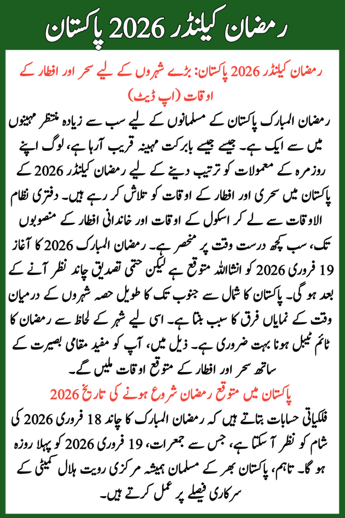Pakistan Ramadan Calendar 2026